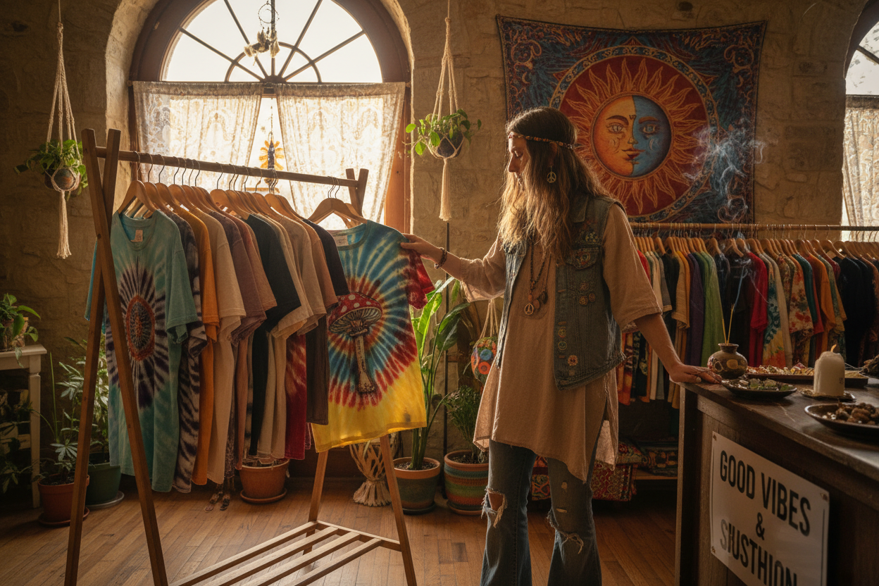 A hippie smoking shopping for tshirts 