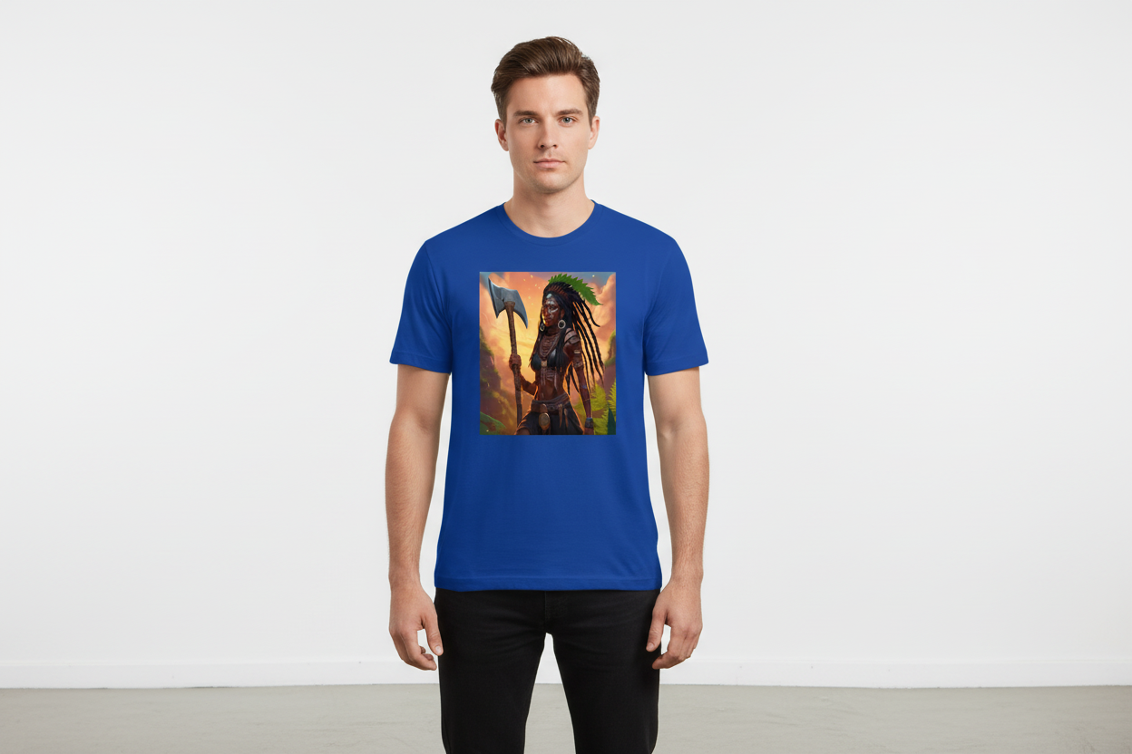 Man wearing STONERKEY GODDESS AT WAR graphic tee in blue, showcasing bold artwork and eco-friendly fabric.