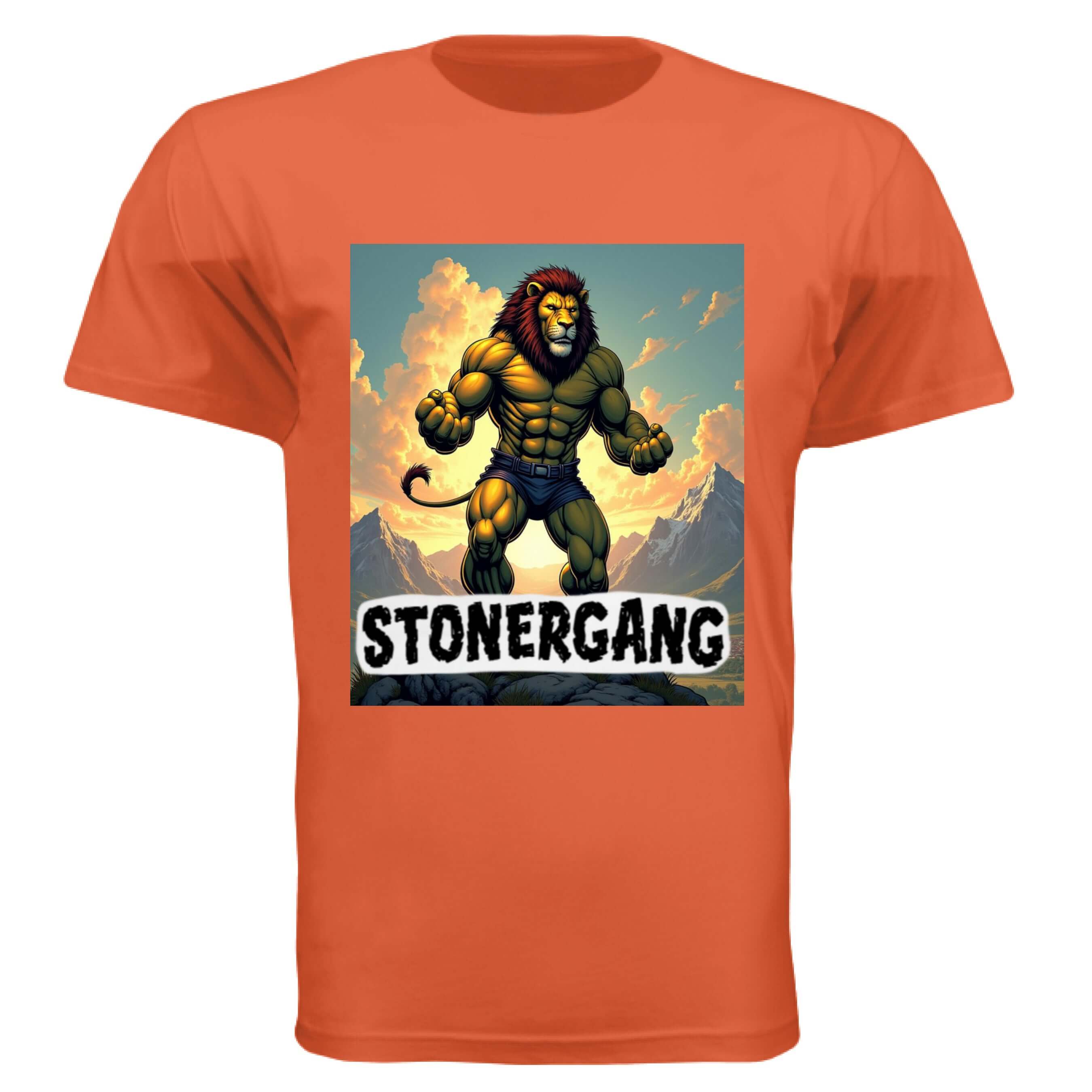 STONERKEY KING LEO artistic graphic t-shirt featuring a lion character on an orange background.