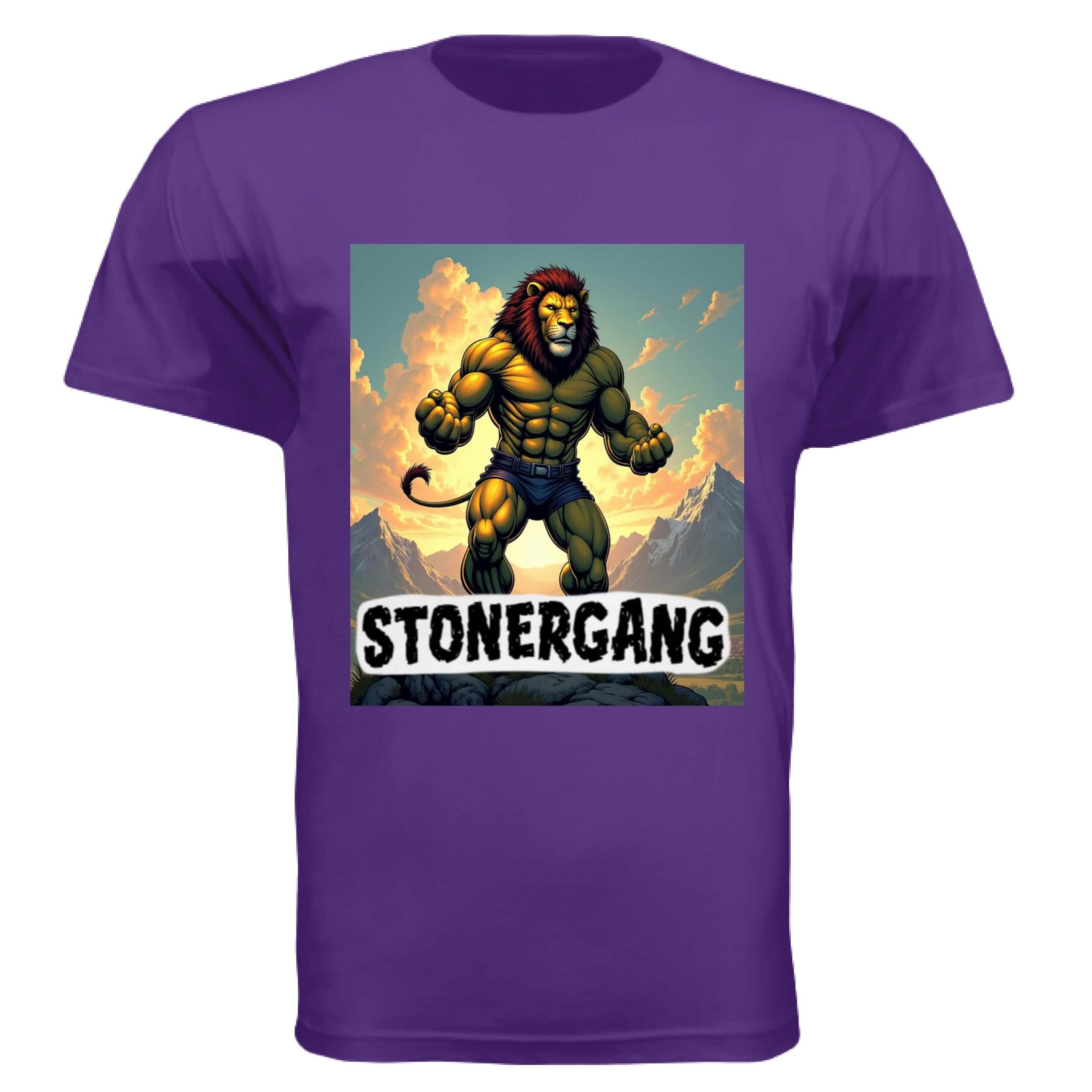 STONERKEY KING LEO graphic t-shirt featuring a lion design on a purple shirt.