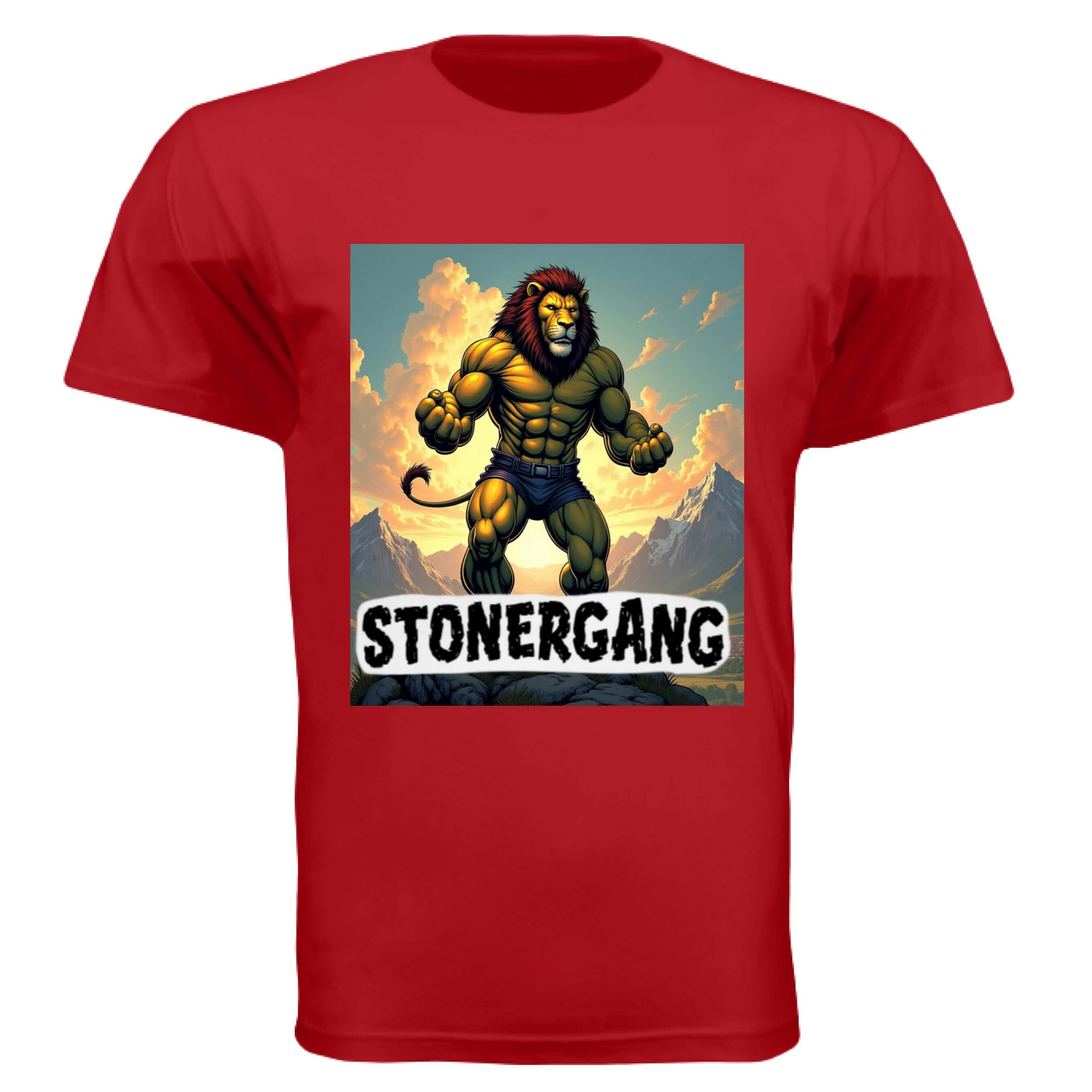 STONERKEY KING LEO red t-shirt featuring a lion graphic and STONERGANG text.