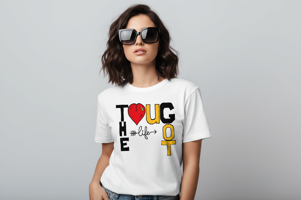 Woman wearing a white t-shirt featuring the text 'STONERKEY THUG LIFE' in bold colorful letters.