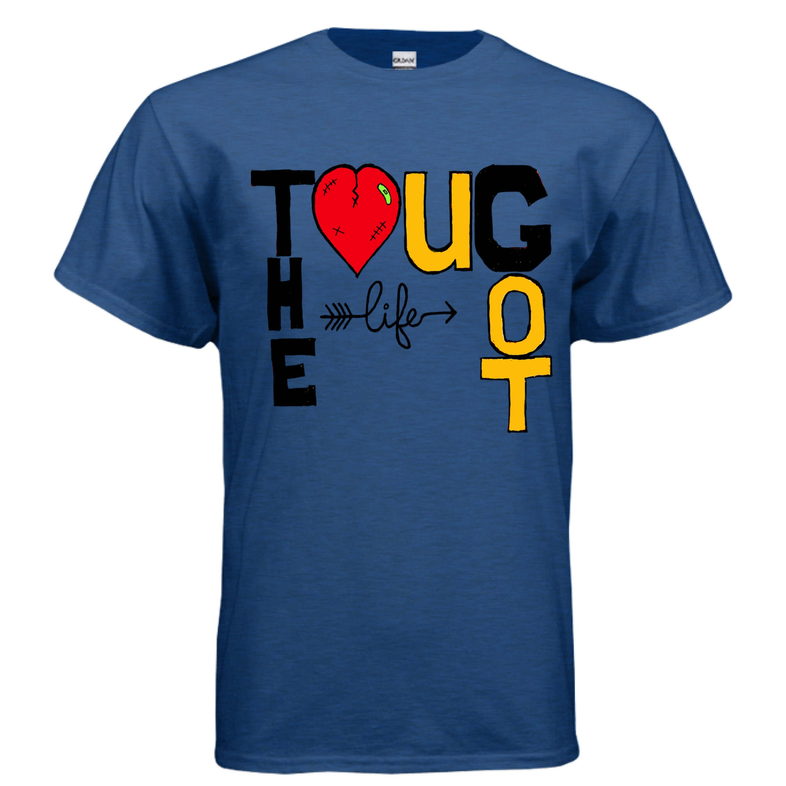 STONERKEY THUG LIFE graphic t-shirt in blue, featuring bold colorful text and heart design.