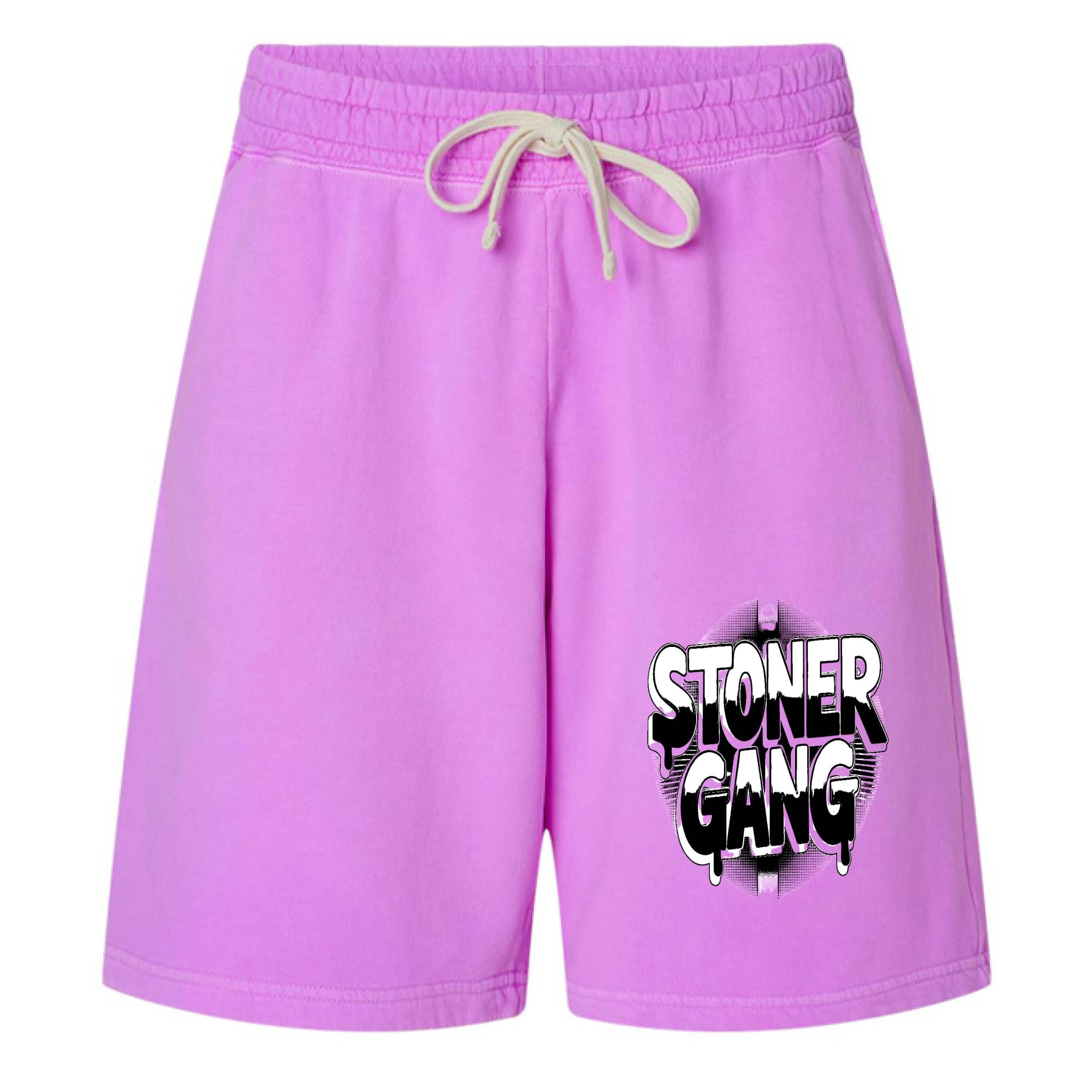 STONER SHORTS in light purple with 'STONER GANG' graphic on the front, perfect for relaxation and casual wear.