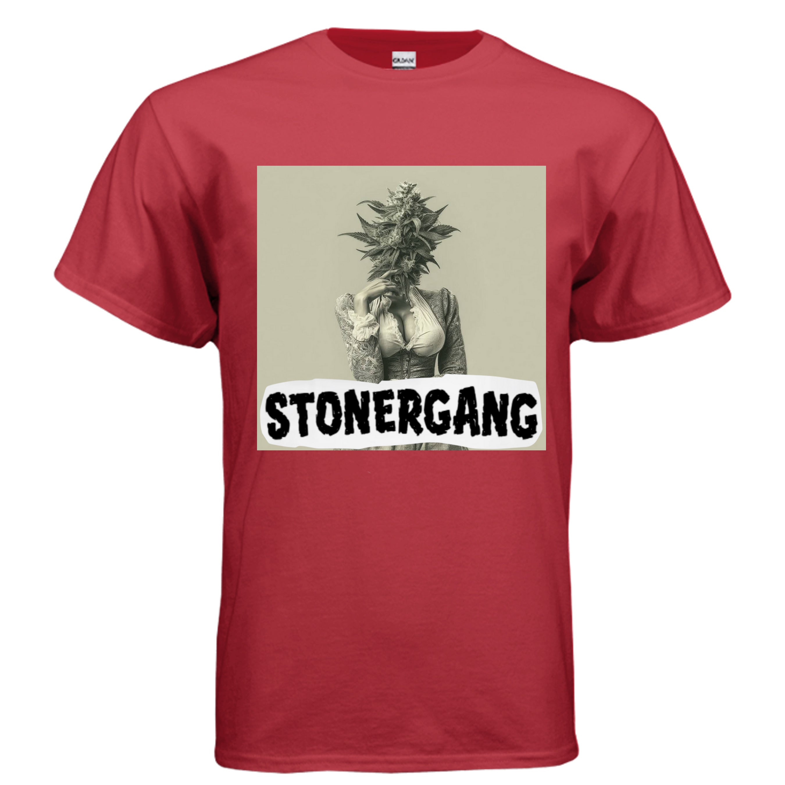 STONERKEY MARY JANE tee featuring a confident graphic on a red shirt, showcasing stoner culture.