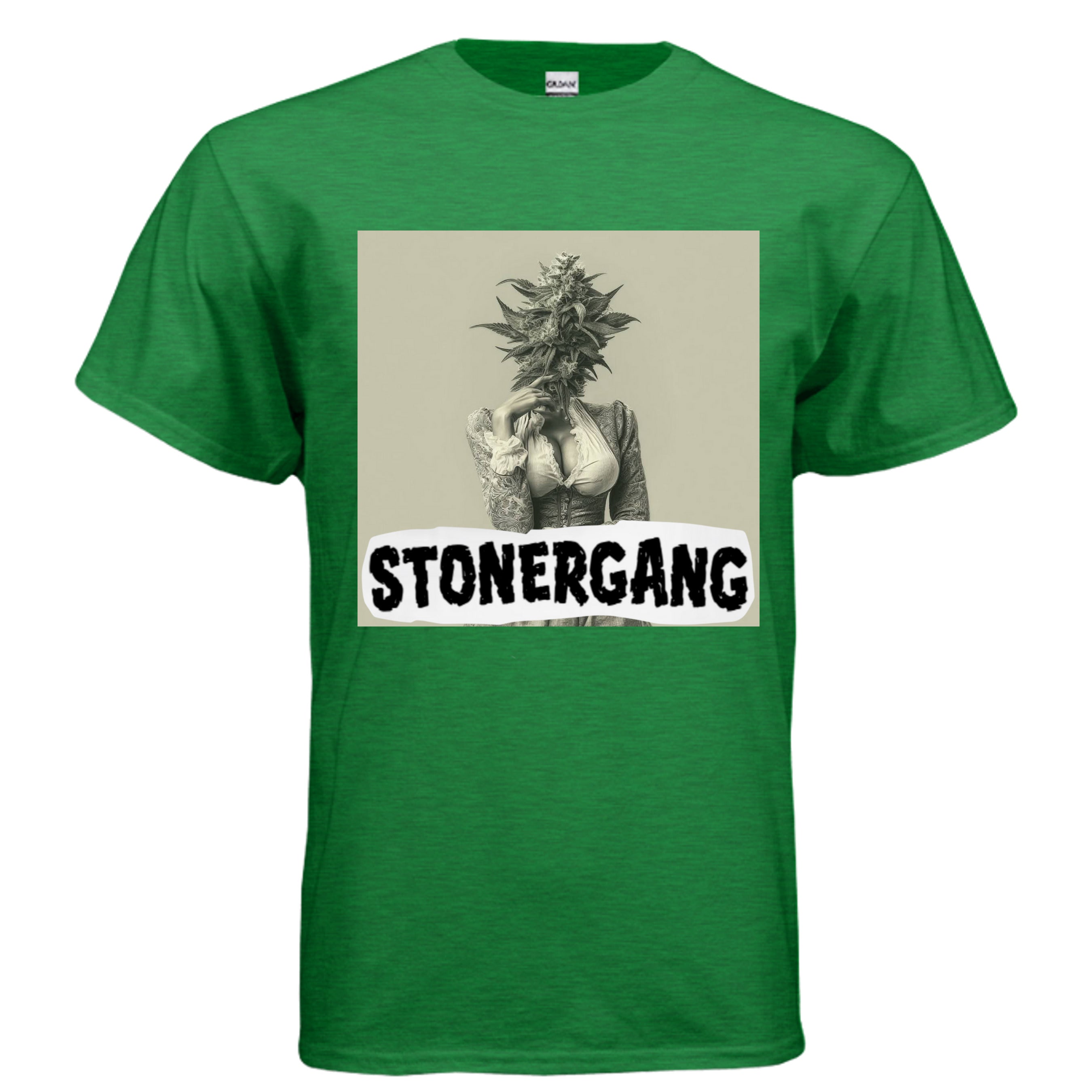 STONERKEY MARY JANE green t-shirt featuring a bold 'STONERGAANG' graphic and eco-friendly print.