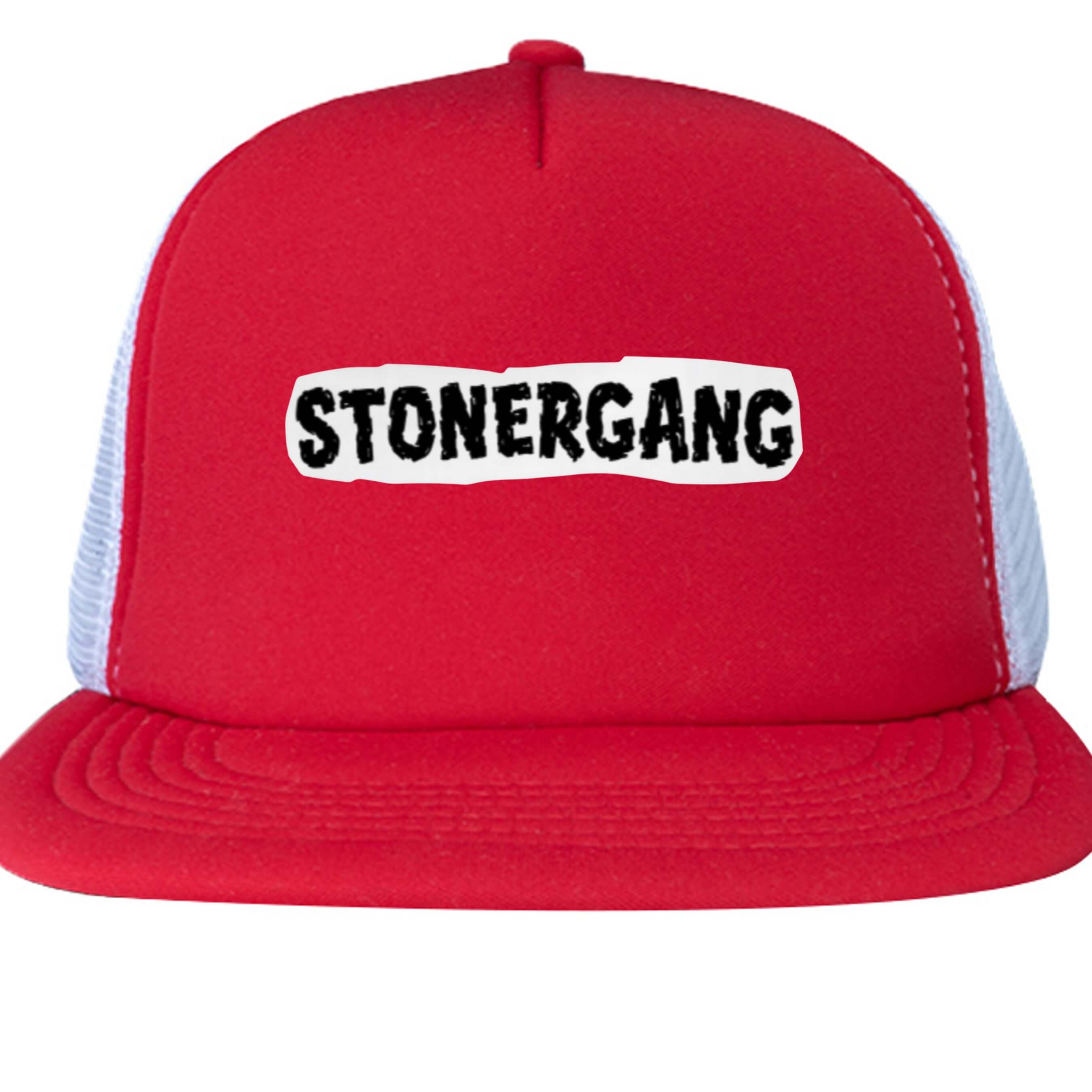 STONERGANG hats red snapback trucker hat with structured foam construction.