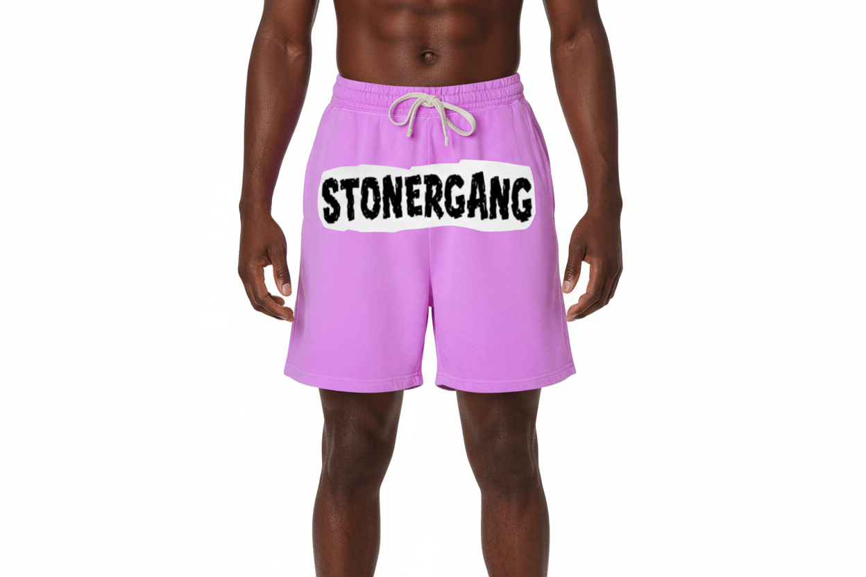 Model wearing STONERGANG SHORTS II in purple with iconic STONERGANG logo, perfect for casual outings.