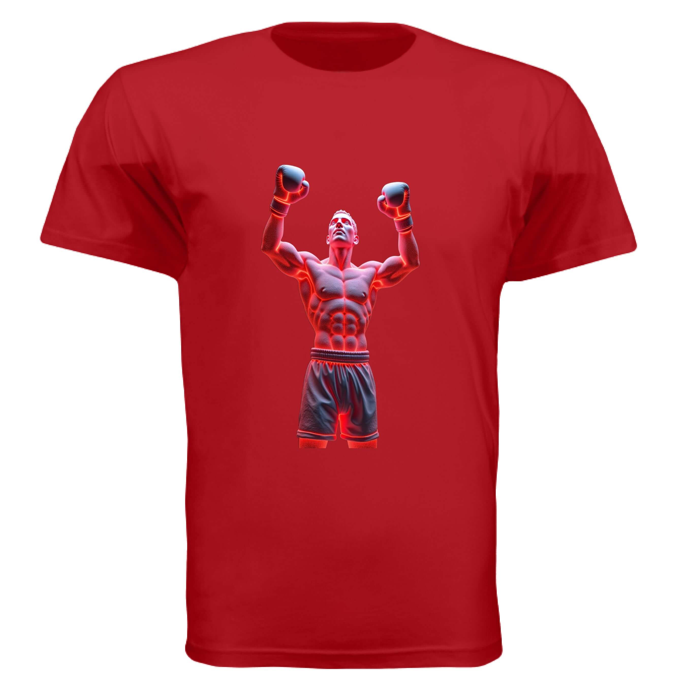 STONERKEY MAN OF THE YEAR TEE SHIRTS in vibrant red featuring a victorious boxer design celebrating achievement.
